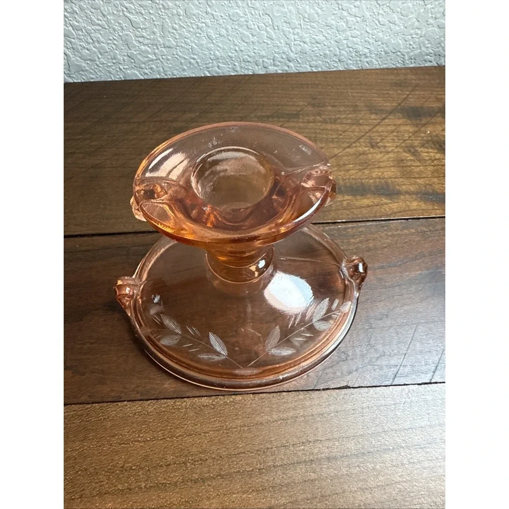 Vintage 1920s imperial glass double scroll rose pink candlestick cut floral...